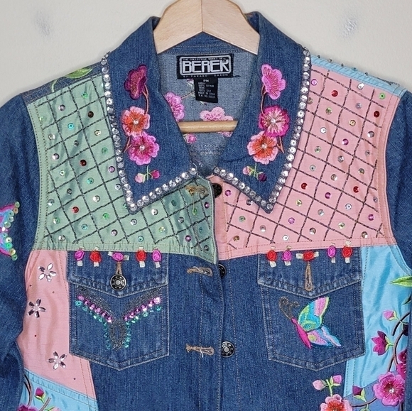 90s 00s Vintage Berek | Floral Butterfly Embroidered Sequin Beaded Jean Jacket - Picture 2 of 13